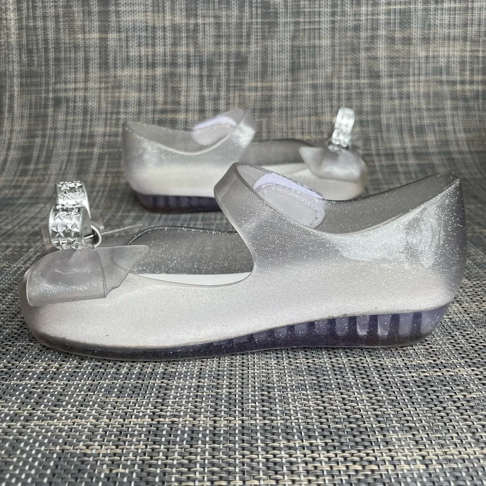 Mini Melissa Ultragirl Bow Mary Jane flats Clear glitter/Silver Dress Shoes sz 9